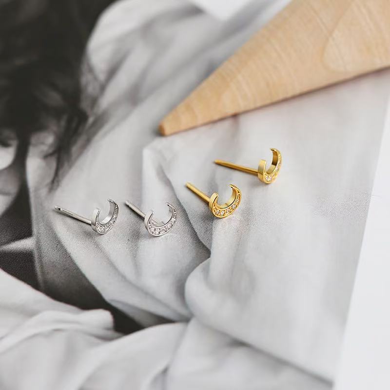 Crescent Moon Stud Earrings – Sterling Silver or Gold Vermeil with Cubic Zirconia