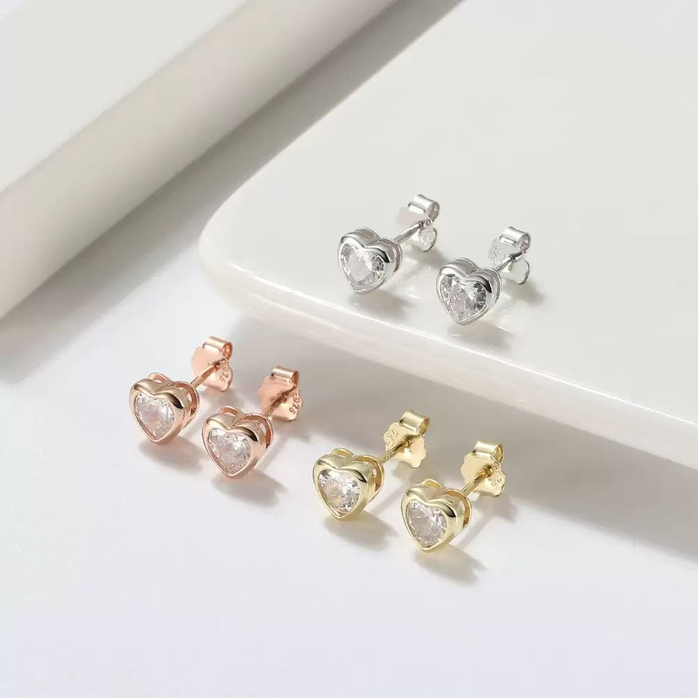 Heart-Shaped Zircon Stud Earrings – Sterling Silver or Gold Vermeil
