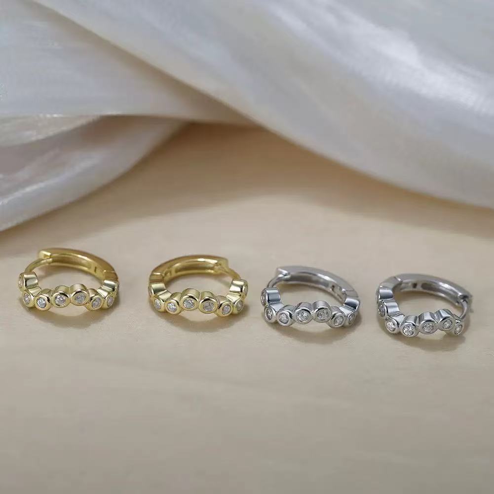 Bezel Set CZ Hoop Earrings – Minimalist Round Dot Huggie Hoops