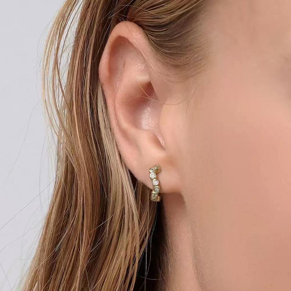 Bezel Set CZ Hoop Earrings – Minimalist Round Dot Huggie Hoops