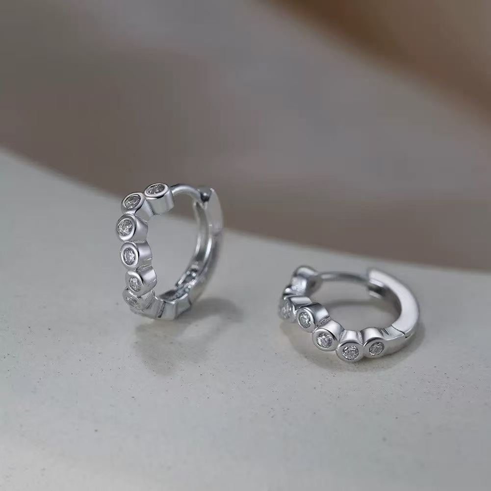 Bezel Set CZ Hoop Earrings – Minimalist Round Dot Huggie Hoops