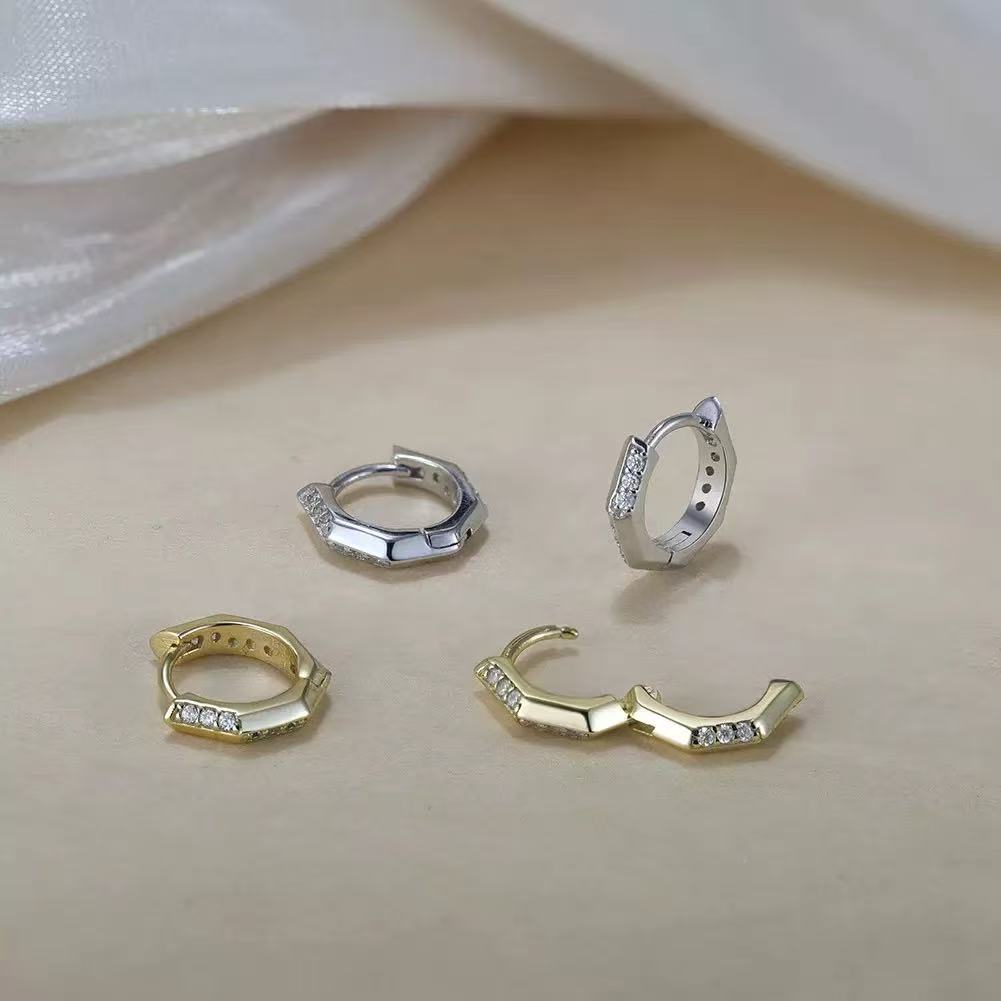 Hexagon Huggie Hoop Earrings – Sterling Silver or Gold Vermeil