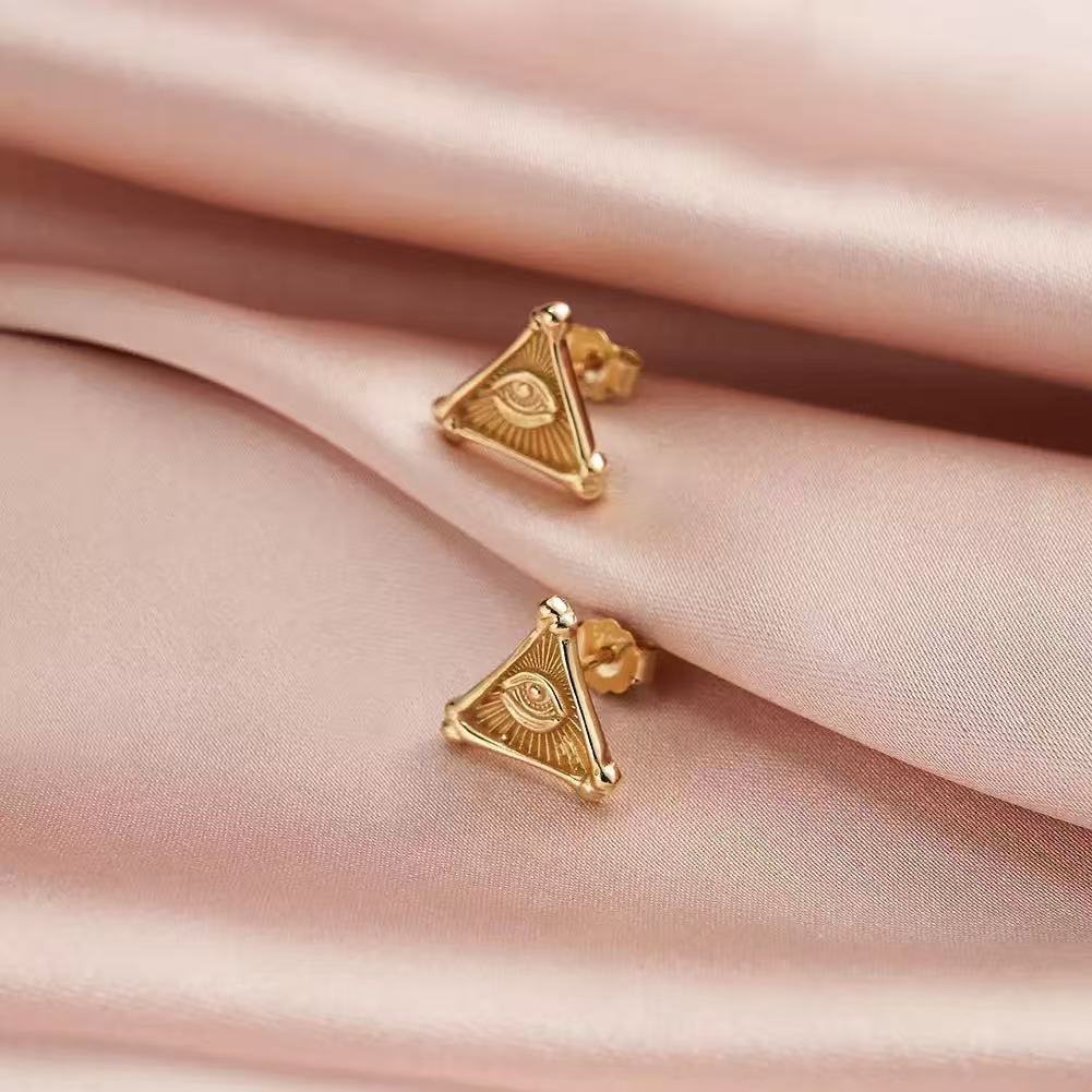 All-Seeing Eye Triangle Stud Earrings – Sterling Silver or Gold Plated