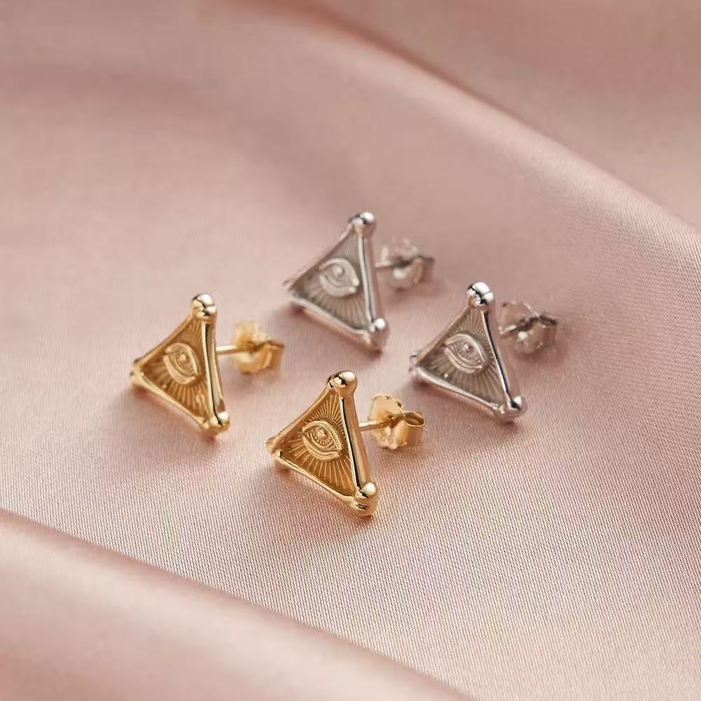 All-Seeing Eye Triangle Stud Earrings – Sterling Silver or Gold Plated