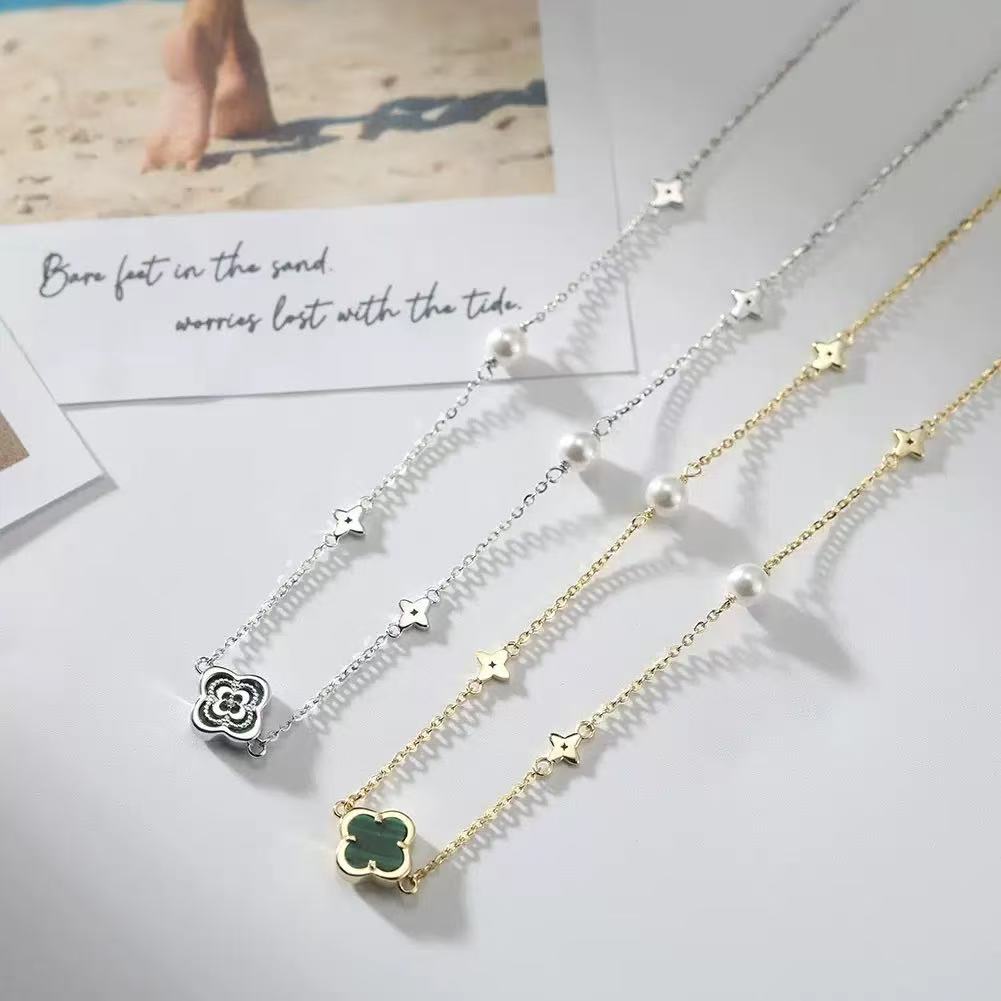 Clover Malachite & Pearl Pendant Necklace – Sterling Silver or Gold Plated