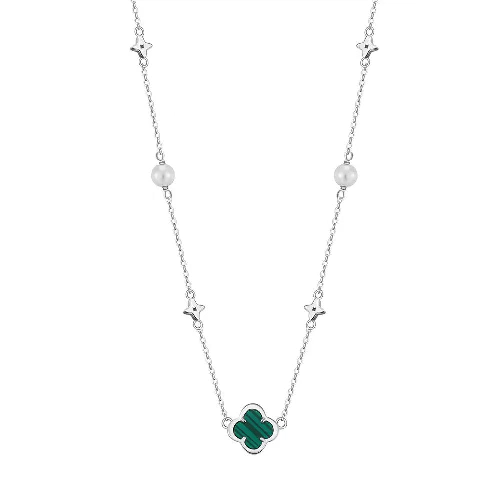 Clover Malachite & Pearl Pendant Necklace – Sterling Silver or Gold Plated