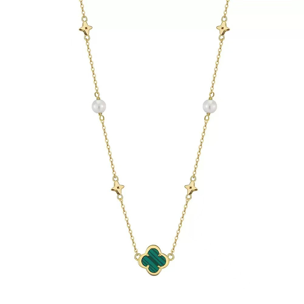 Clover Malachite & Pearl Pendant Necklace – Sterling Silver or Gold Plated