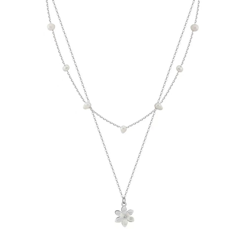 Petite Bloom – Pearl Double Chain & Daisy Pendant Necklace