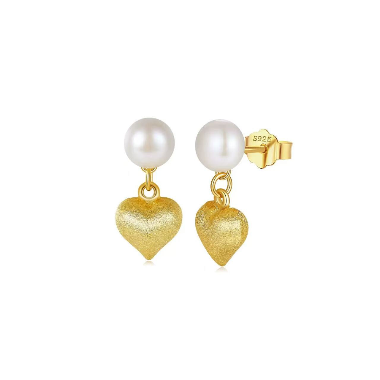 Golden Heart – Freshwater Pearl & Vermeil Charm Stud Earrings