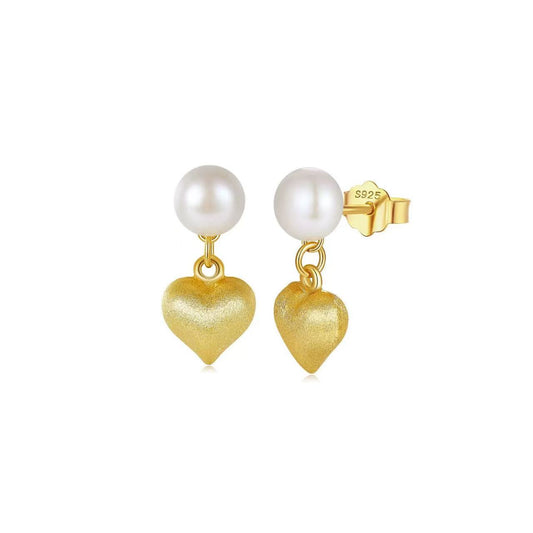 Golden Heart – Freshwater Pearl & Vermeil Charm Stud Earrings