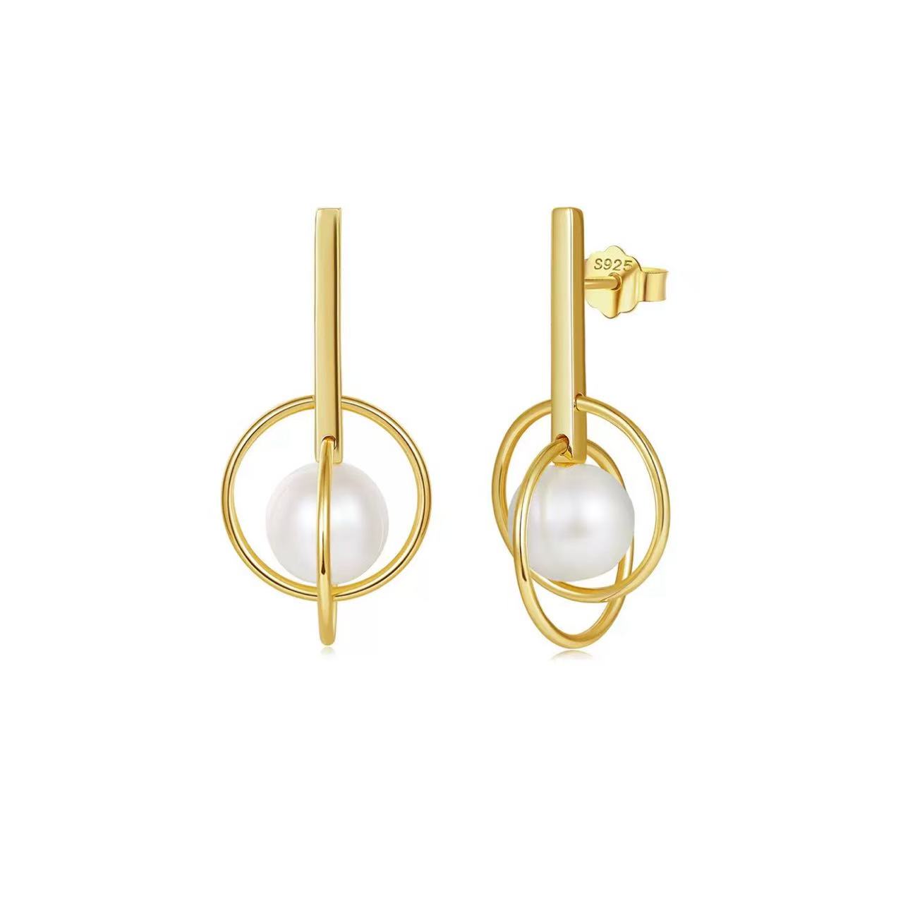 Orbital Balance – Freshwater Pearl & Vermeil Circle Drop Earrings