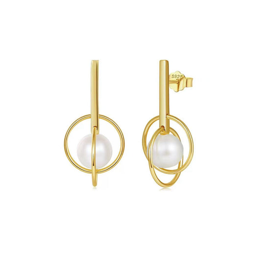 Orbital Balance – Freshwater Pearl & Vermeil Circle Drop Earrings
