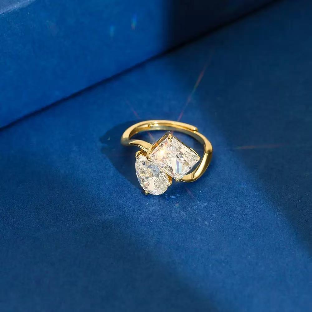 Radiant Duo – Sterling Silver & CZ Two-Stone Statement Ring (Gold & Silver Options)