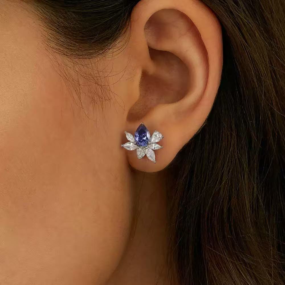 Radiant Blossom – Blue Sapphire & CZ Stud Earrings