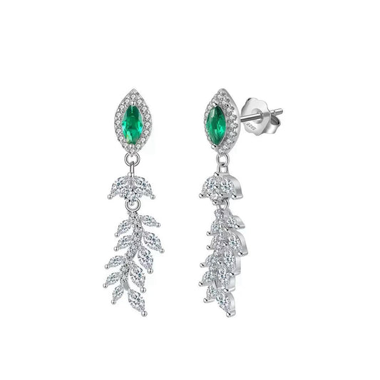 Emerald Bloom – Sterling Silver, Green CZ & Leaf Drop Bridal Earrings