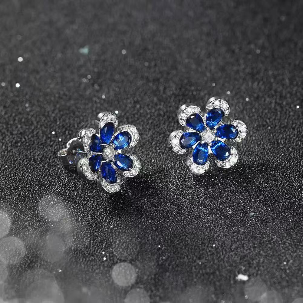 Floral Elegance – Sapphire & Sterling Silver Flower Stud Earrings