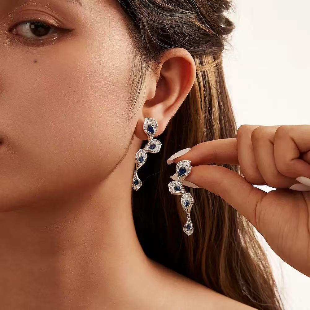 Sapphire Elegance – Sterling Silver & AAAA Cubic Zirconia Long Drop Earrings
