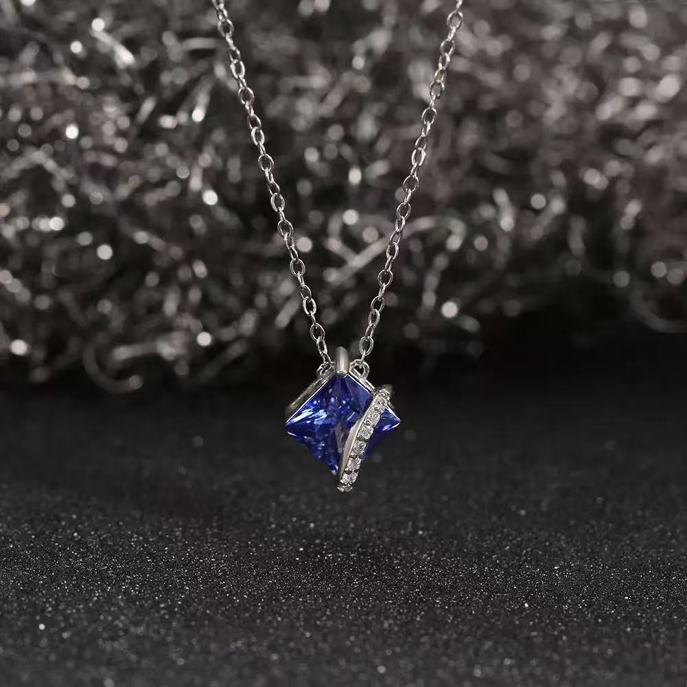 Sapphire Glow – Sterling Silver & Square Blue Stone Pendant Necklace