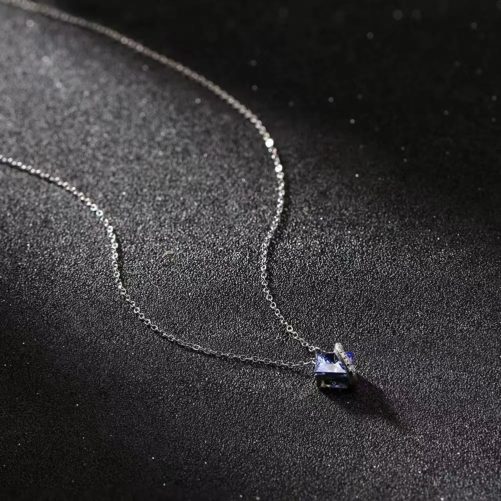 Sapphire Glow – Sterling Silver & Square Blue Stone Pendant Necklace