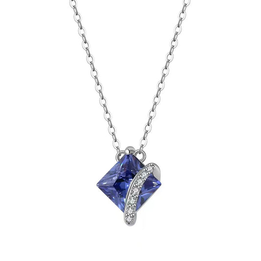 Sapphire Glow – Sterling Silver & Square Blue Stone Pendant Necklace