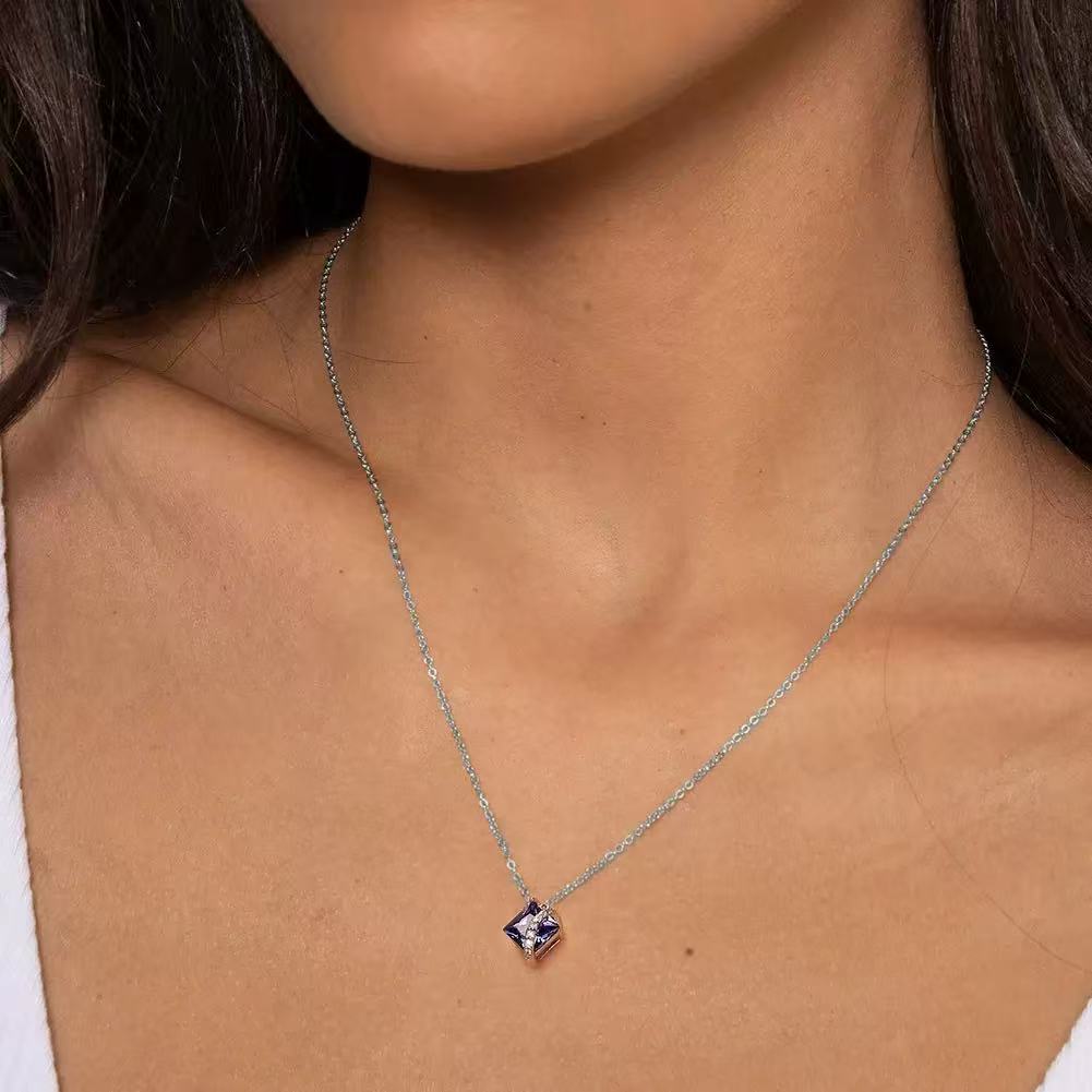 Sapphire Glow – Sterling Silver & Square Blue Stone Pendant Necklace
