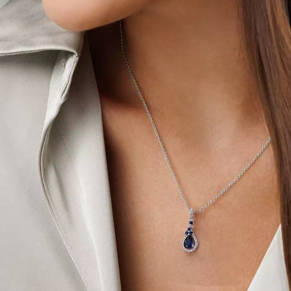 Royal Elegance – Sterling Silver & Sapphire Teardrop Pendant Necklace