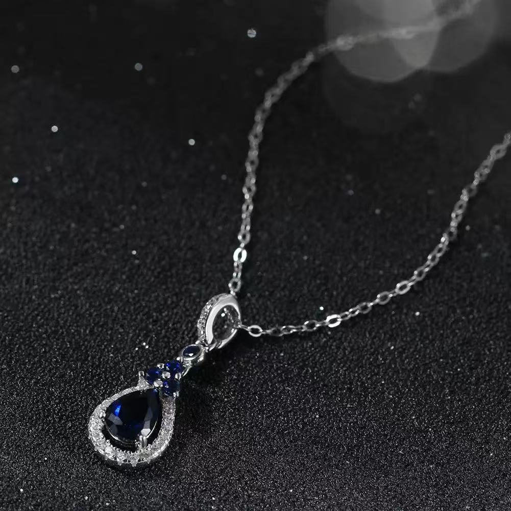 Royal Elegance – Sterling Silver & Sapphire Teardrop Pendant Necklace