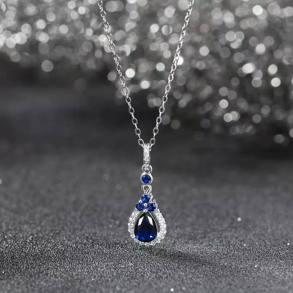 Royal Elegance – Sterling Silver & Sapphire Teardrop Pendant Necklace