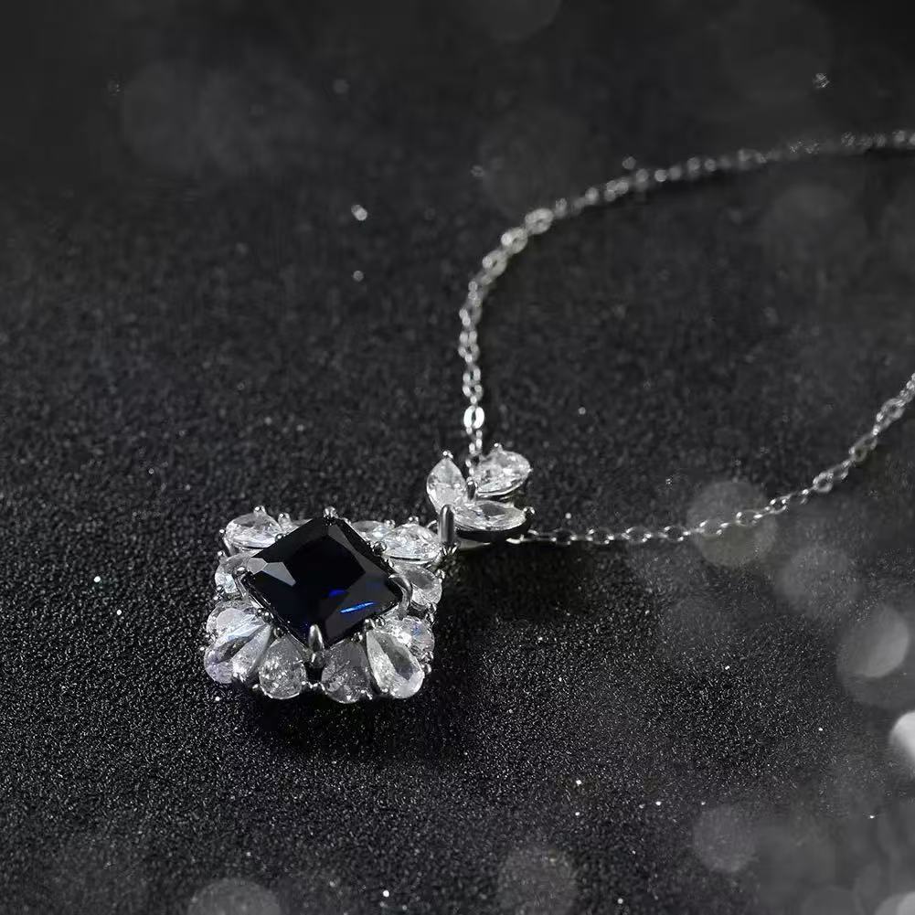 Royal Square – Sapphire & Sterling Silver Halo Pendant Necklace