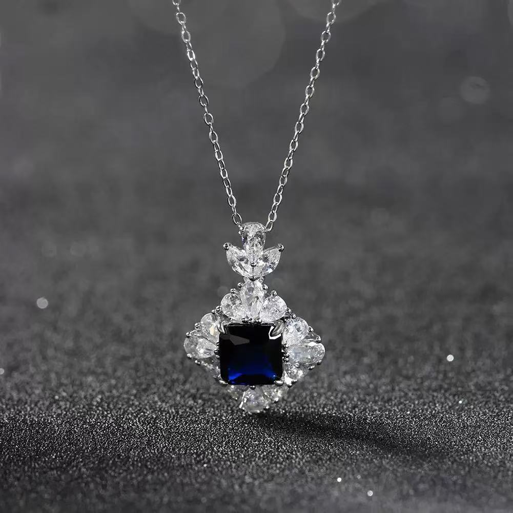 Royal Square – Sapphire & Sterling Silver Halo Pendant Necklace