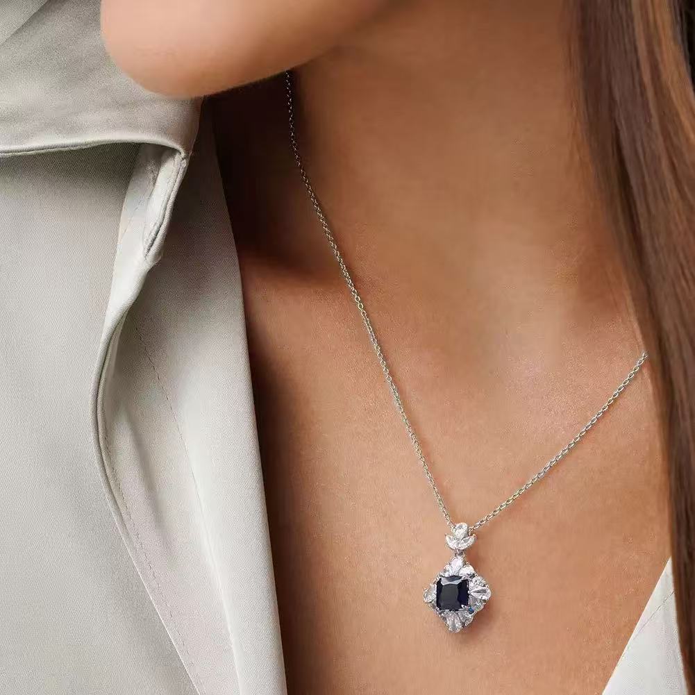 Royal Square – Sapphire & Sterling Silver Halo Pendant Necklace