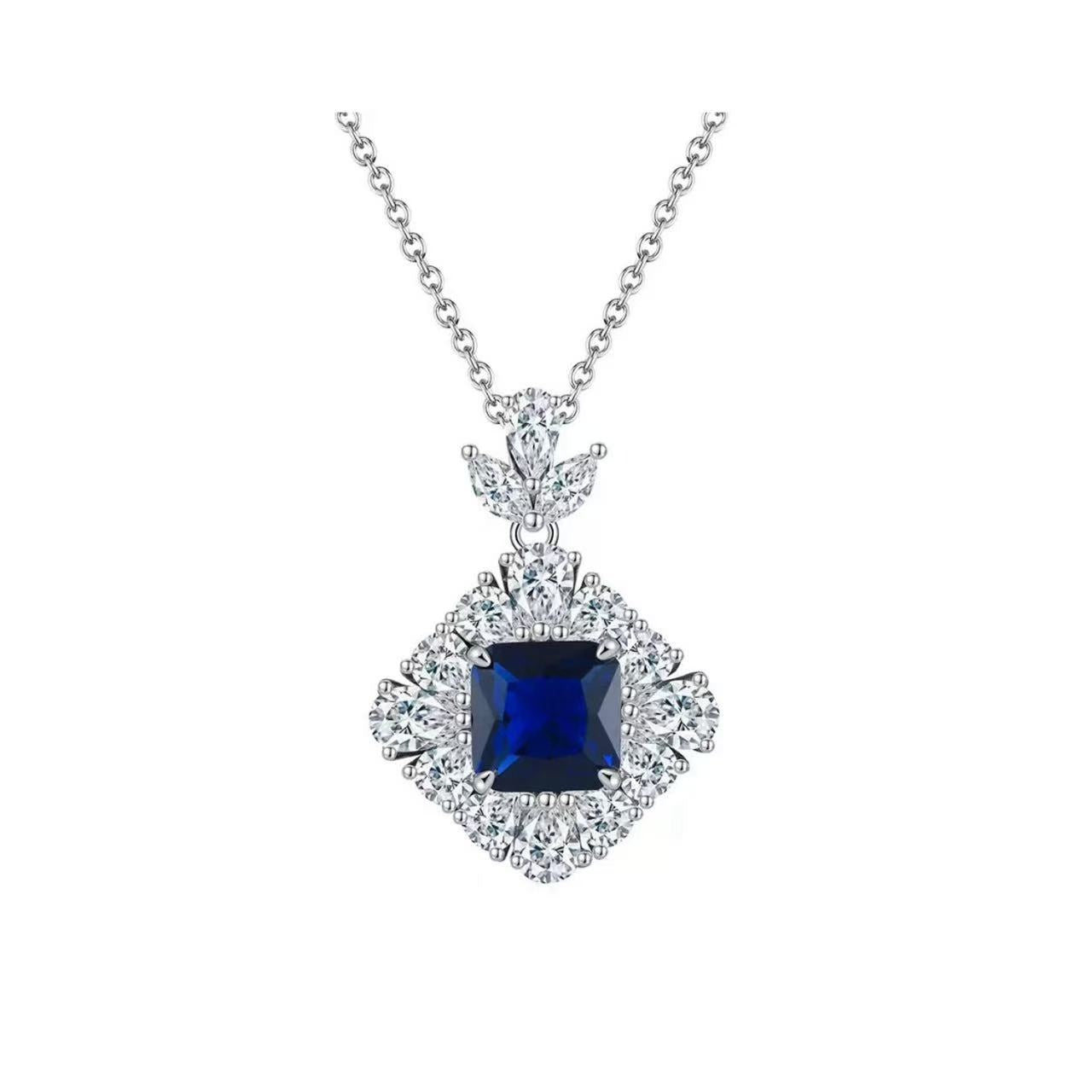 Royal Square – Sapphire & Sterling Silver Halo Pendant Necklace