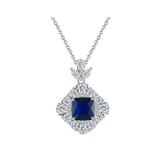 Royal Square – Sapphire & Sterling Silver Halo Pendant Necklace