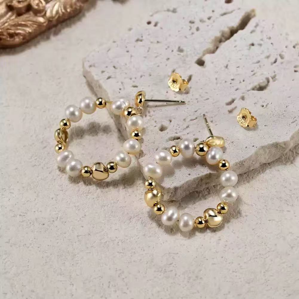 Golden Halo – Freshwater Pearl & Vermeil Loop Earrings