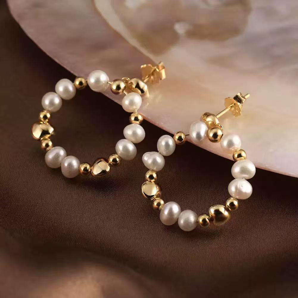 Golden Halo – Freshwater Pearl & Vermeil Loop Earrings
