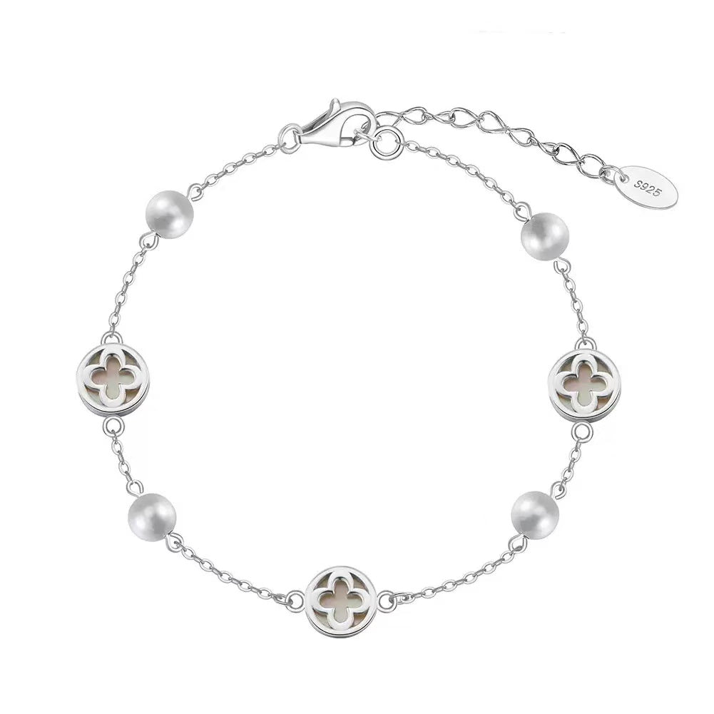 Four-Leaf Clover Mother of Pearl & Freshwater Pearl Bracelet