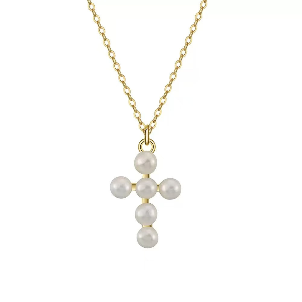 Freshwater Pearl Cross Necklace – Sterling Silver or Gold Vermeil