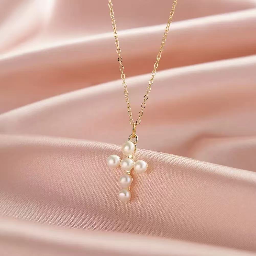 Freshwater Pearl Cross Necklace – Sterling Silver or Gold Vermeil