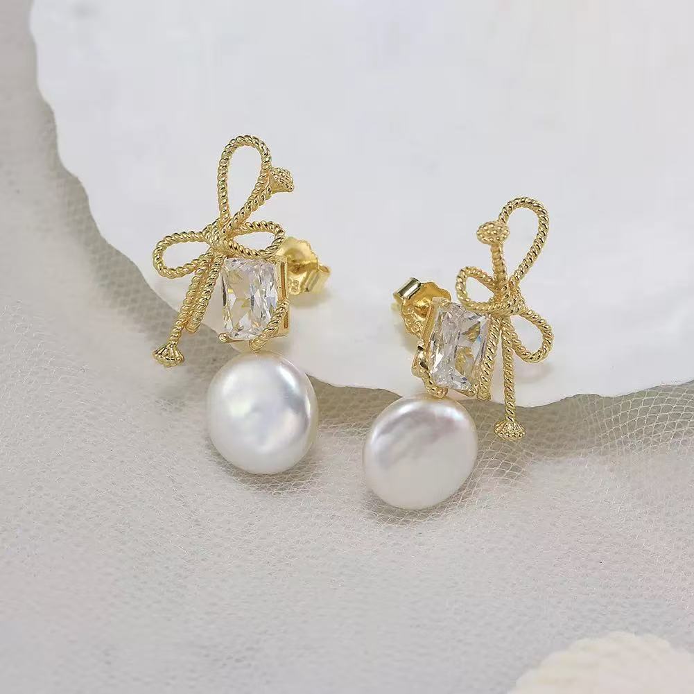 Bow Freshwater Pearl Drop Earrings – Sterling Silver or Gold Vermeil