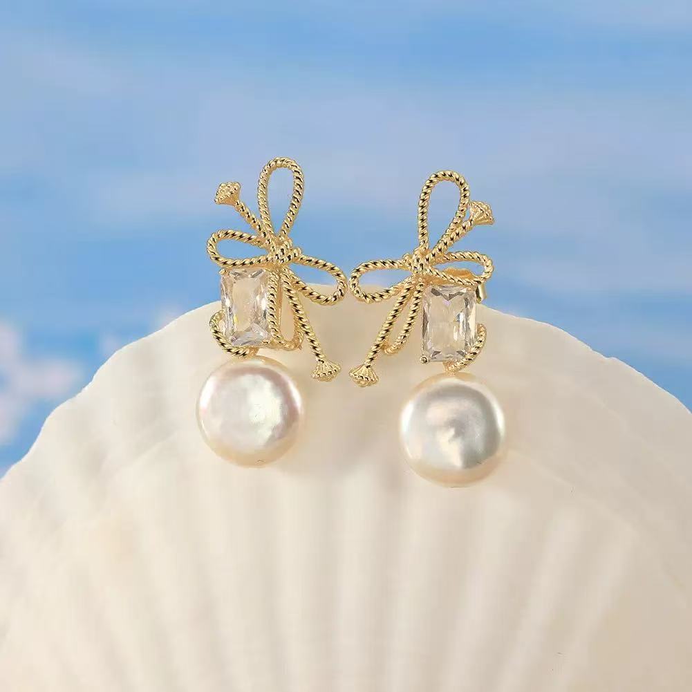 Bow Freshwater Pearl Drop Earrings – Sterling Silver or Gold Vermeil