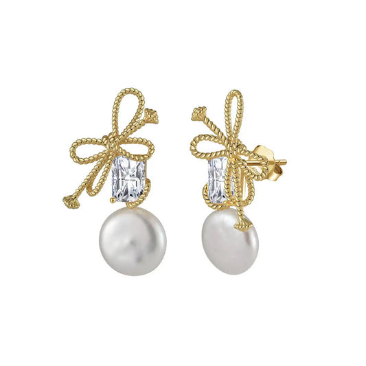 Bow Freshwater Pearl Drop Earrings – Sterling Silver or Gold Vermeil