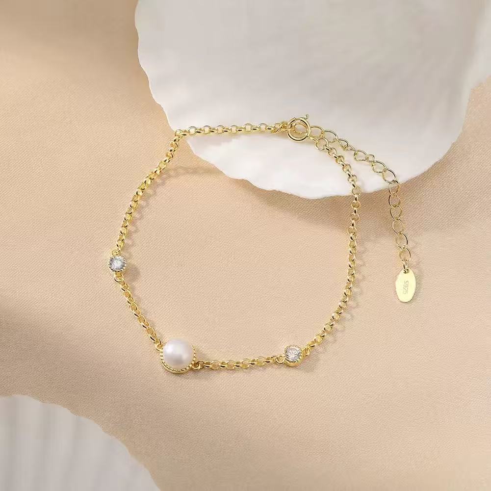 Single Pearl Chain Bracelet – Sterling Silver or Gold Vermeil