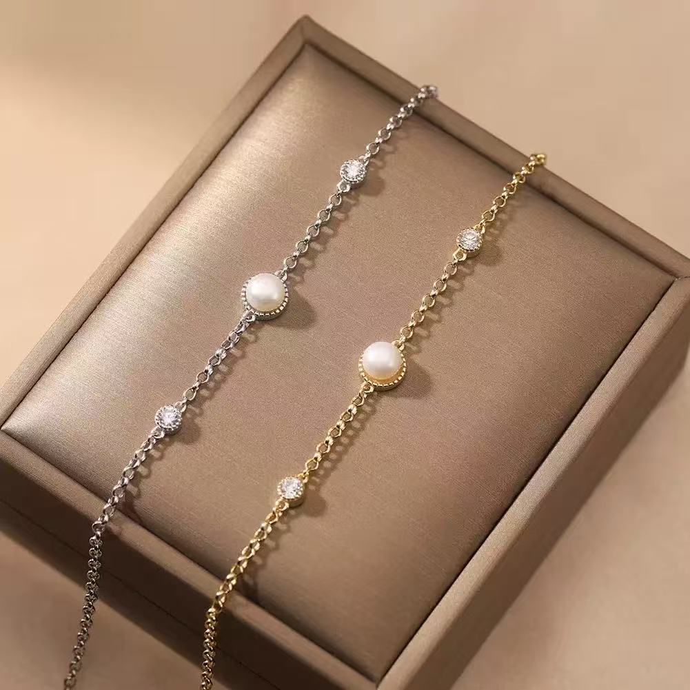 Single Pearl Chain Bracelet – Sterling Silver or Gold Vermeil
