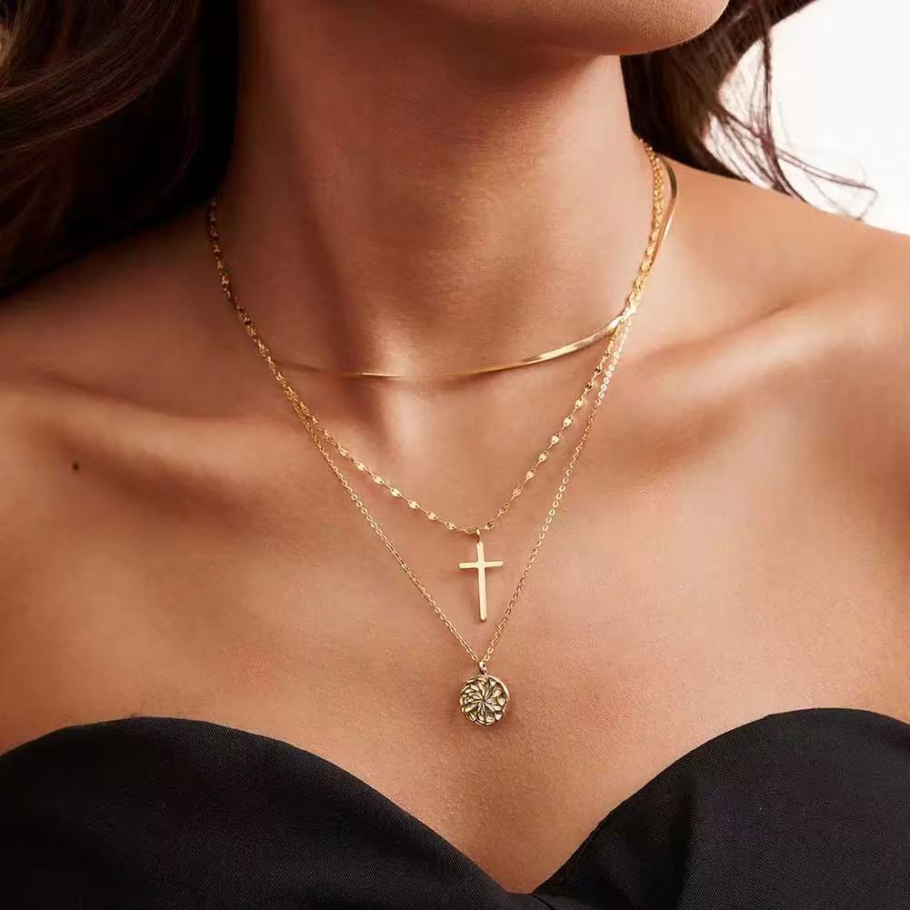 Layered Cross & Coin Pendant Necklace – Sterling Silver or Gold Plated