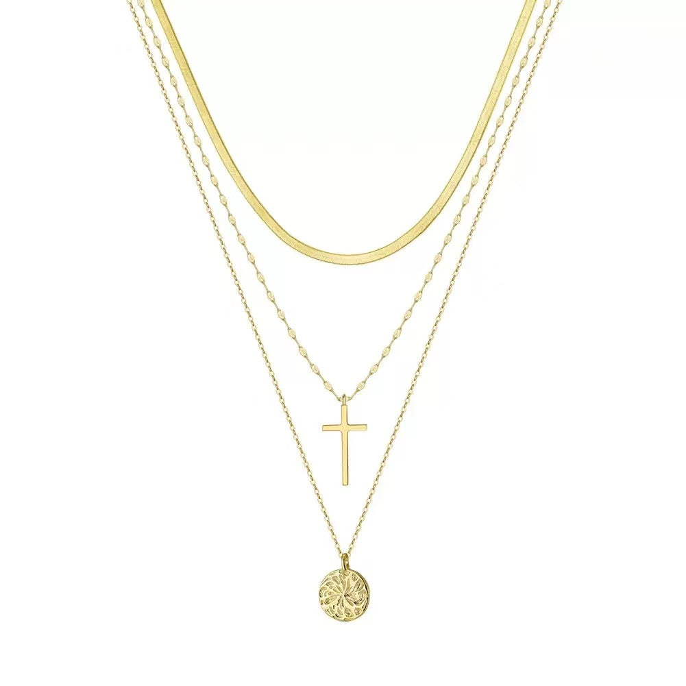 Layered Cross & Coin Pendant Necklace – Sterling Silver or Gold Plated