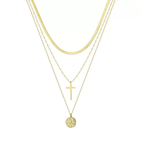 Layered Cross & Coin Pendant Necklace – Sterling Silver or Gold Plated