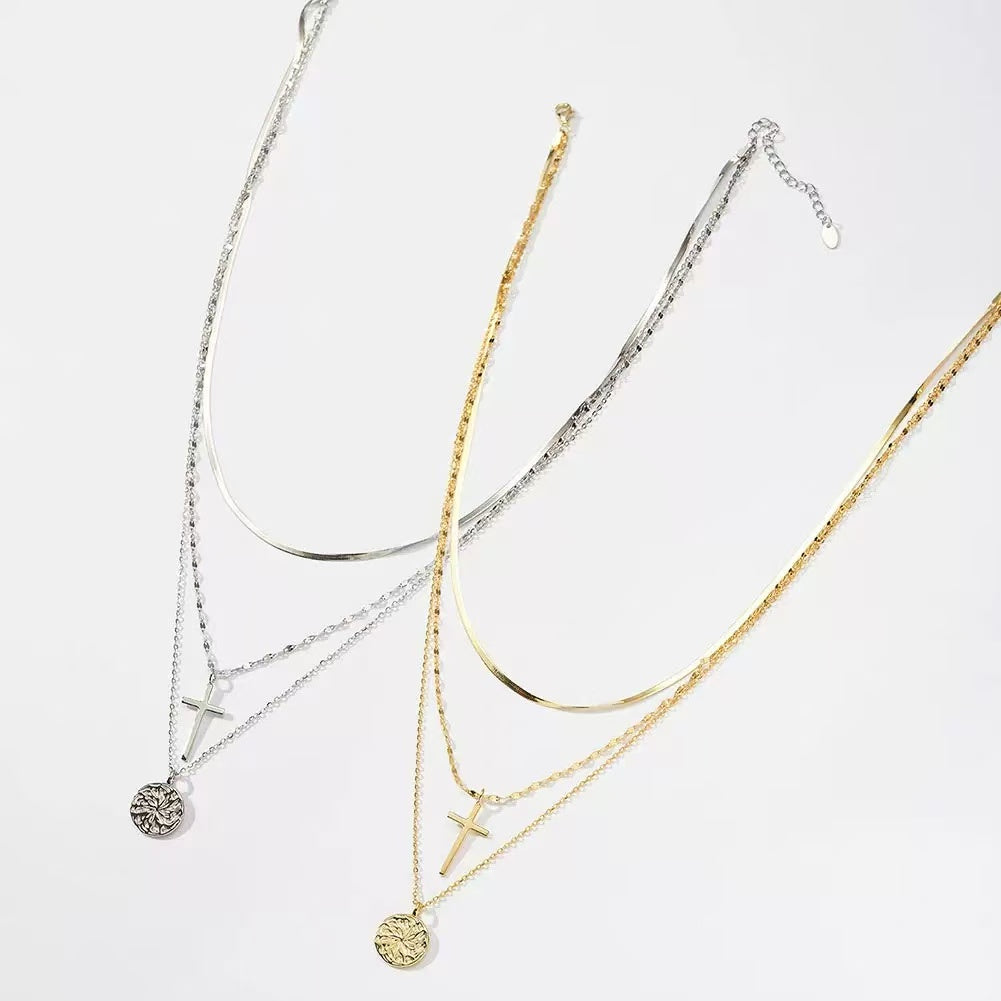 Layered Cross & Coin Pendant Necklace – Sterling Silver or Gold Plated