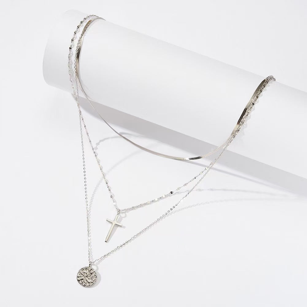 Layered Cross & Coin Pendant Necklace – Sterling Silver or Gold Plated