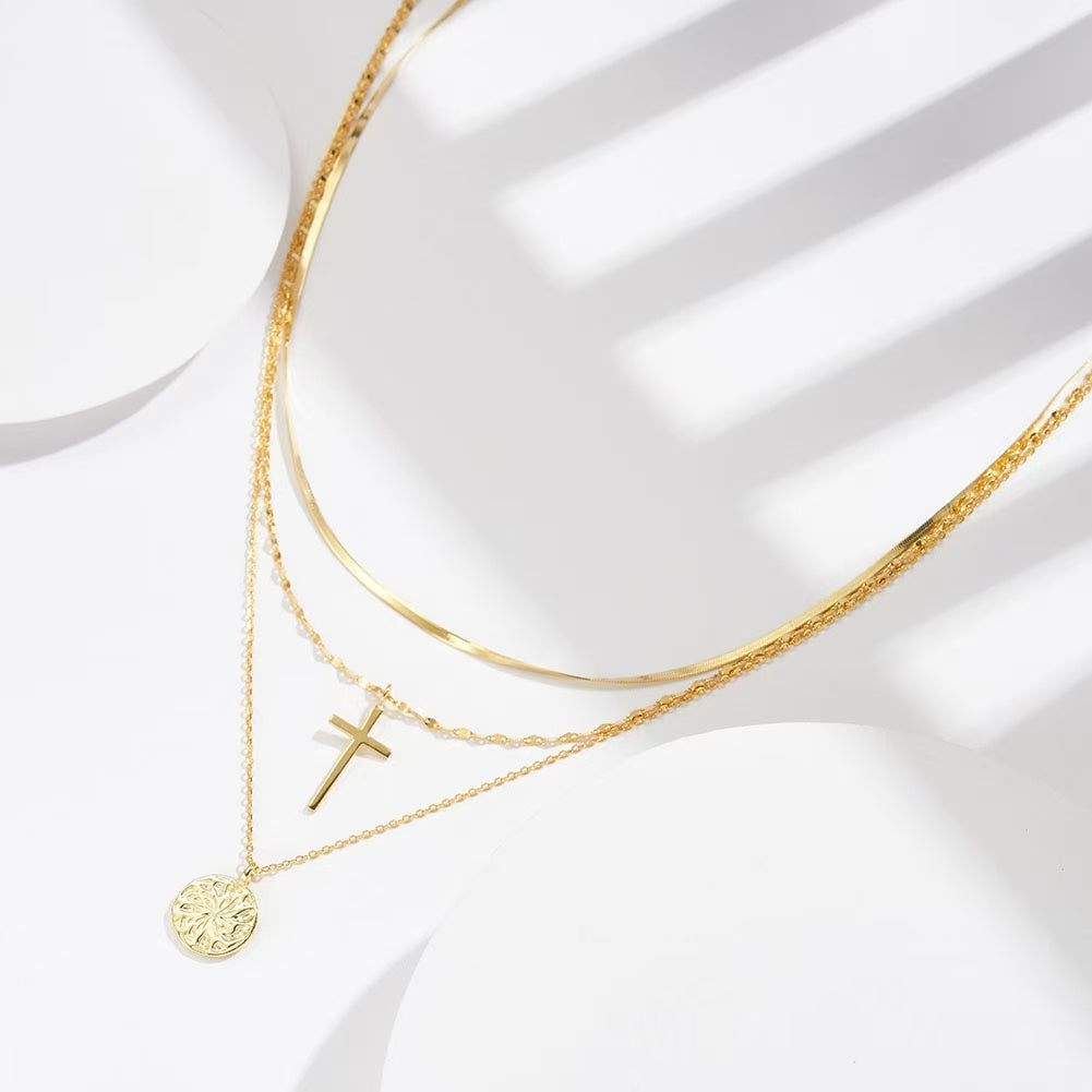 Layered Cross & Coin Pendant Necklace – Sterling Silver or Gold Plated