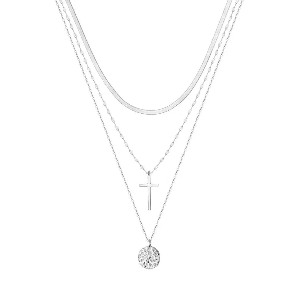 Layered Cross & Coin Pendant Necklace – Sterling Silver or Gold Plated